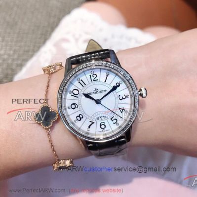 Perfect Replica Jaeger LeCoultre Rendez-Vous White Dial Diamond Bezel Black Leather 30mm Women's Watch